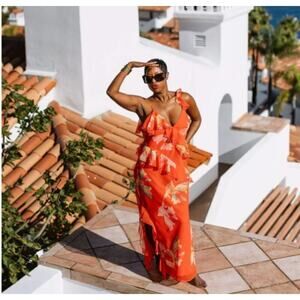 Future Collective Ruffle Maxi Dress Red Floral Sz Large NWT